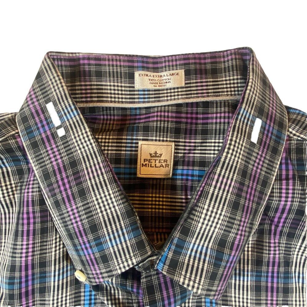 Peter‎ Millar Dress Shirt Mens 2XL Black  Plaid Colorful Golf Preppy Casual XXL